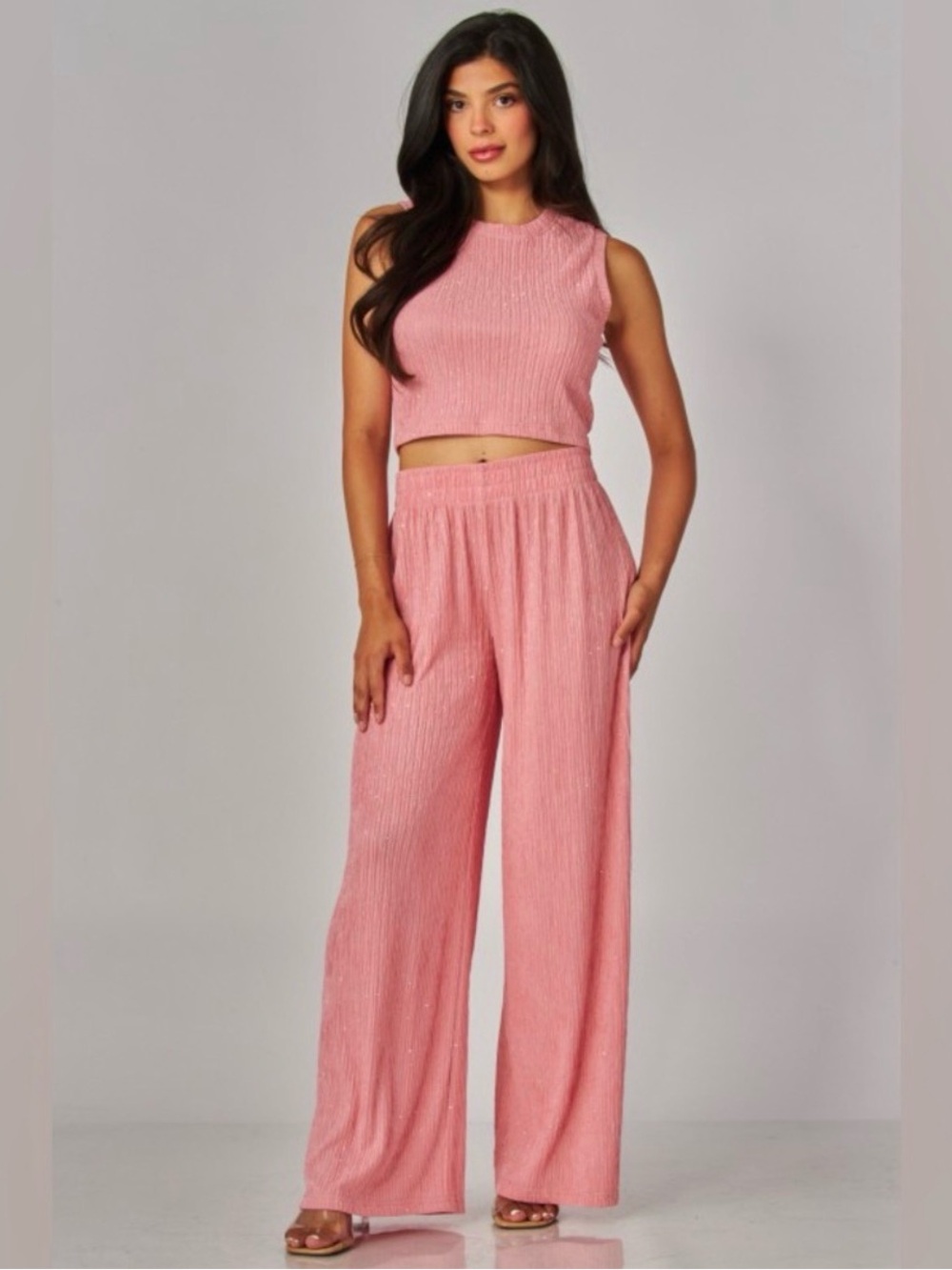 NEW Love Poem Cropped 2 Piece Set in Strawberry Mousse Ribbed w/Rhinestones